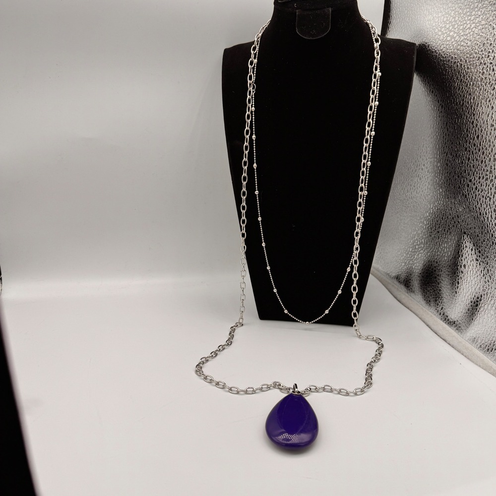 Sheila Fajl Long Silver Tone Blue‎ Stone Teardrop Pendant Necklace Boho 44 inch